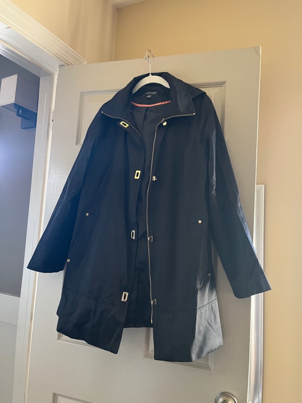 Jones New York Black Trench Coat with Subtle Gold Accents